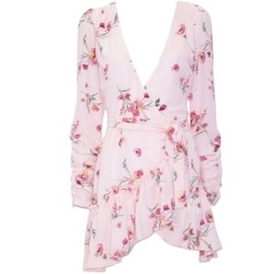 FOREVER 21 Pink Chiffon Floral Mini Wrap Dress Ruffle V-Neck Tie Long Sleeve
